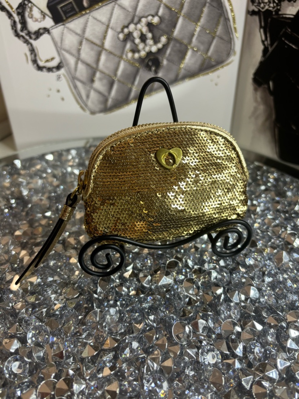 Coach Poppy Gold Sequin Mini Coin or makeup Pouch #46587 LIKE NEW RARE - Picture 2 of 10